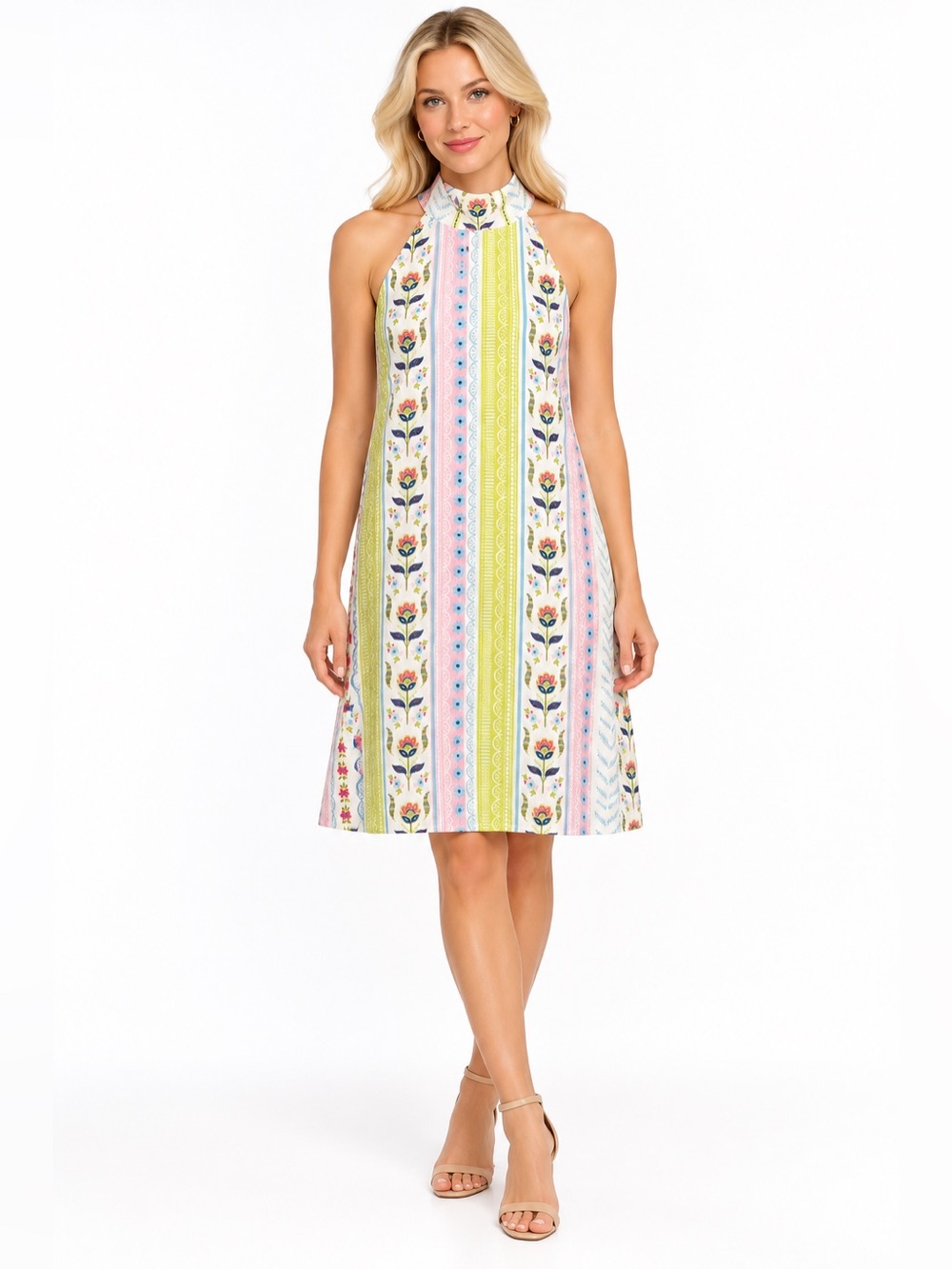 TCEC NWT Size Medium Sleeveless High-Neck Floral Stripe Shift Dress in Pastel